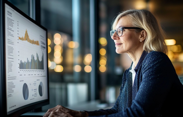 Professional woman with glasses analyzes data charts on a large monitor in an office, highlighting graphs and analytics.