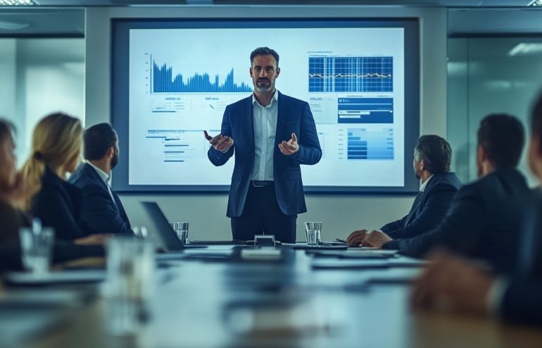 Finance director presenting mid-year business review results on a large screen to a board of directors, confident stance, data charts visible, navy and gold tones, editorial photography style