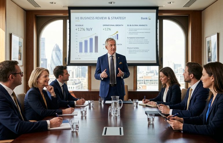 Man in a blue suit presents a slide on revenue and growth to colleagues around a conference table in a boardroom.