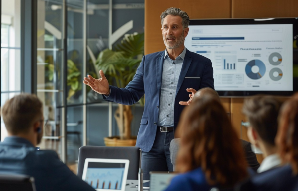Executive presenting monthly business review to engaged leadership team in boardroom