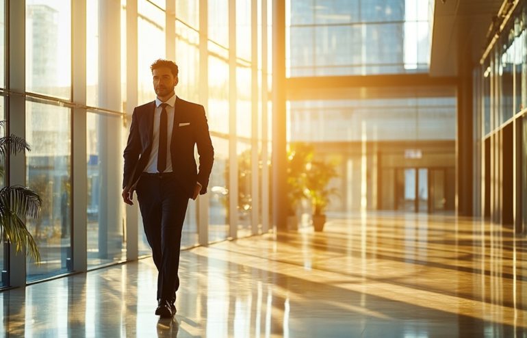An executive in smart business attire walking purposefully through a bright modern lobby, calm and composed expression, early morning light, editorial photography style