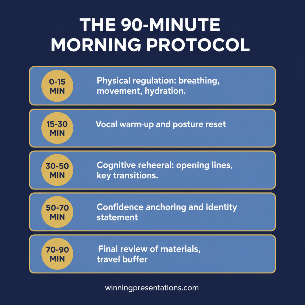 The 90-minute pre-presentation morning protocol timeline showing five stages: physiological regulation (minutes 0-30), cognitive preparation (minutes 30-50), tactical rehearsal (minutes 50-65), transition ritual (minutes 65-80), and arrival protocol (minutes 80-90)