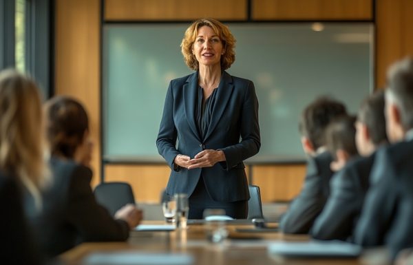 Female executive presenting to a senior team in a large open meeting room, standing with composed grounded posture, audience visible and engaged, professional corporate setting
