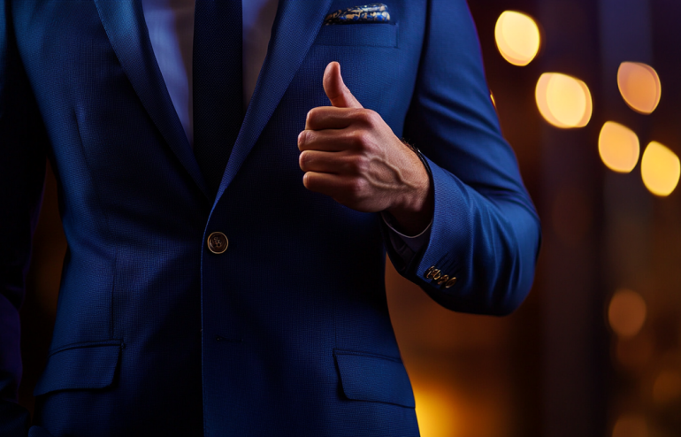 Executive pressing thumb and finger together as an NLP anchor before stepping onto a presentation stage