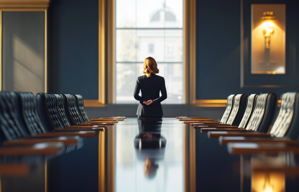 A professional woman standing alone at the end of an empty corporate boardroom after her presentation, surrounded by vacant leather chairs, capturing the silence and isolation when no one asks questions