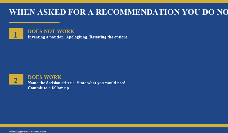 Comparison infographic showing the two failure responses to the executive recommendation question — inventing a fake recommendation and retreating into indecision — versus the structured four-part response that holds authority