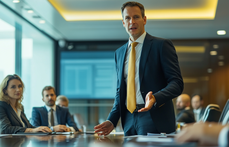 Executive presenter confidently responding to a question from a senior colleague during a boardroom presentation