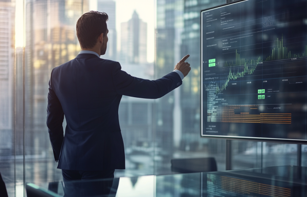 Executive leading an operational review meeting with action items visible on a modern glass boardroom screen