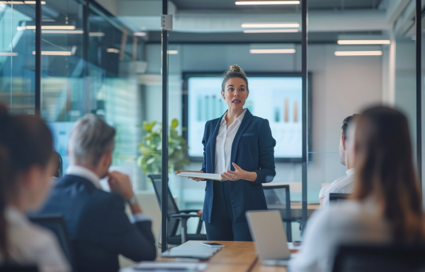 Professional executive woman presenting with restraint to boardroom, holding notes with simple chart visible, corporate glass office setting