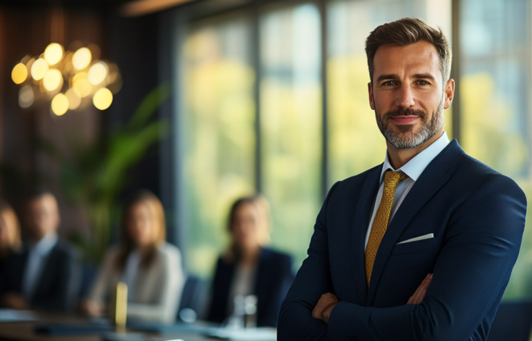 Professional executive presenting calmly and confidently to boardroom colleagues