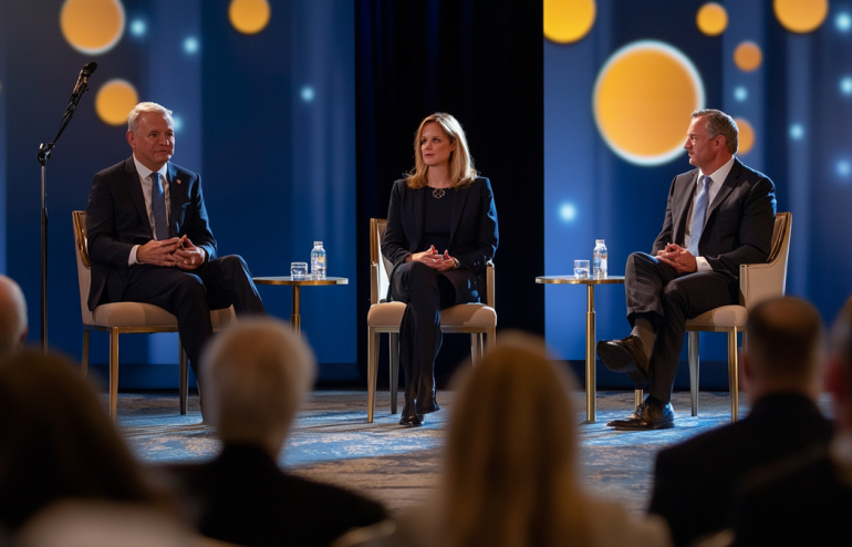 Three executives on stage during panel discussion with moderator and audience in professional conference setting
