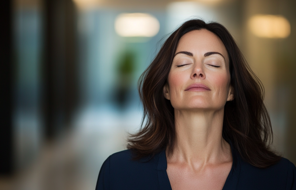 Professional woman taking a calming breath as panic subsides before a presentation, showing the moment of regaining control