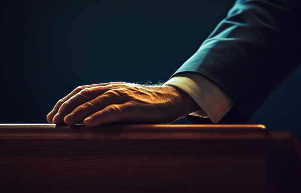Executive gripping the edge of a boardroom lectern with white knuckles, dramatic lighting showing tension and vulnerability