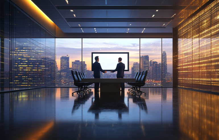Two executives shaking hands across a modern glass boardroom table with presentation screens showing partnership framework slides in navy and gold tones