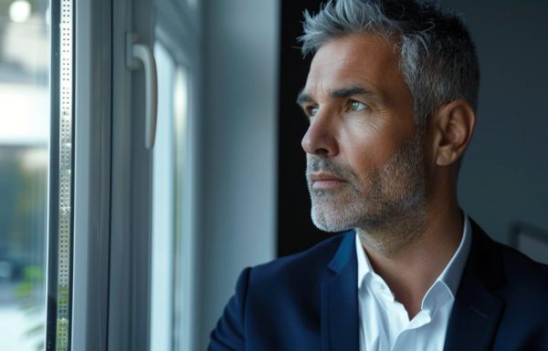 Senior executive looking pensive before high-stakes presentation in corporate setting