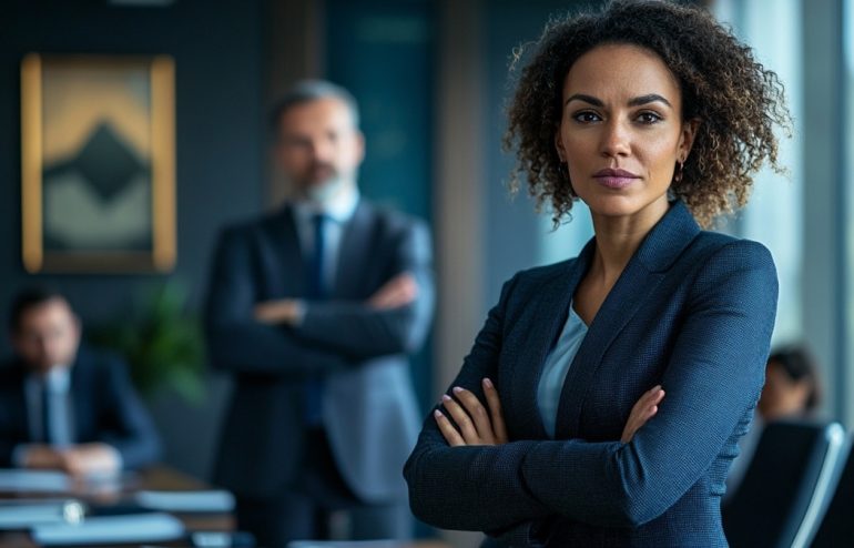 Female CFO responding with composed authority to a hostile question from a board member during a high-stakes presentation, investment committee setting, navy and gold tones, editorial photography style