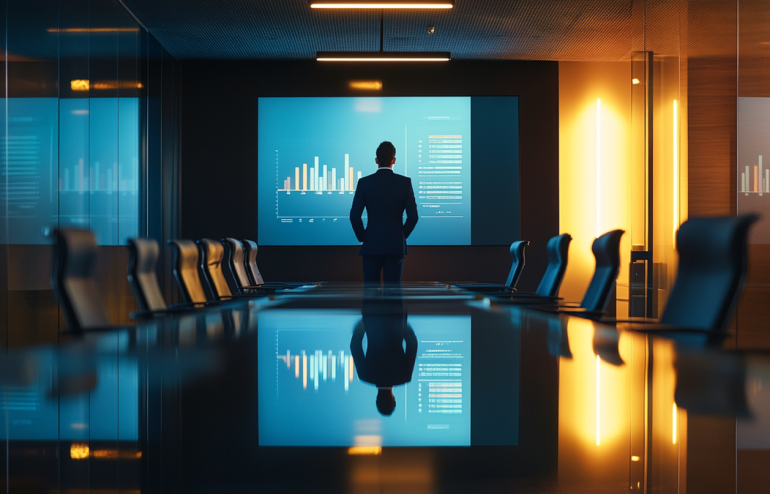Sales leader presenting pipeline review to executive team in modern glass boardroom with clean data dashboard visible on screen