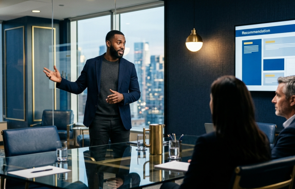 Startup founder presenting a structured pitch deck to investors in a glass-walled meeting room, navy and gold editorial photography