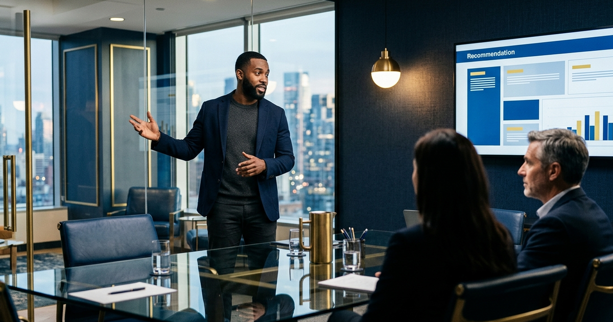 Startup founder presenting a structured pitch deck to investors in a glass-walled meeting room, navy and gold editorial photography