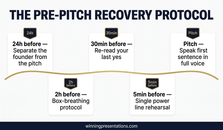 Four-card infographic showing the ninety-minute pre-pitch protocol for founders after a rejection streak: the physical reset walk, the four-by-four breath, the one-sentence factual anchor and the first-sentence rule
