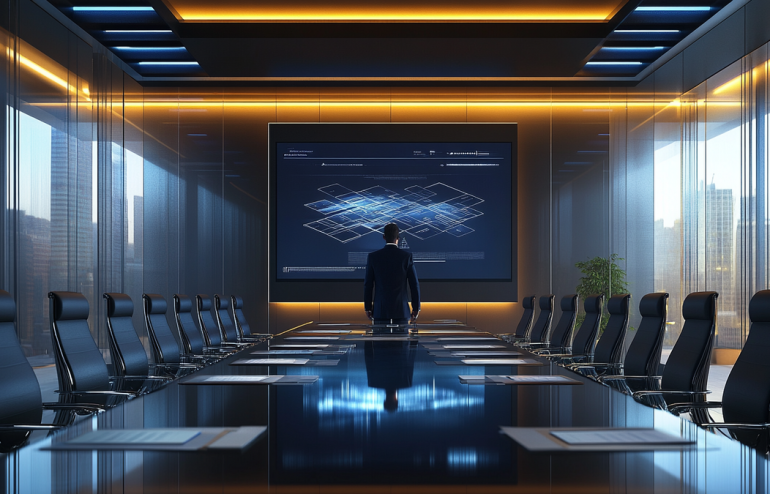 Senior executive standing at a boardroom lectern preparing strategic response cards for contingency questions in a high-stakes presentation setting