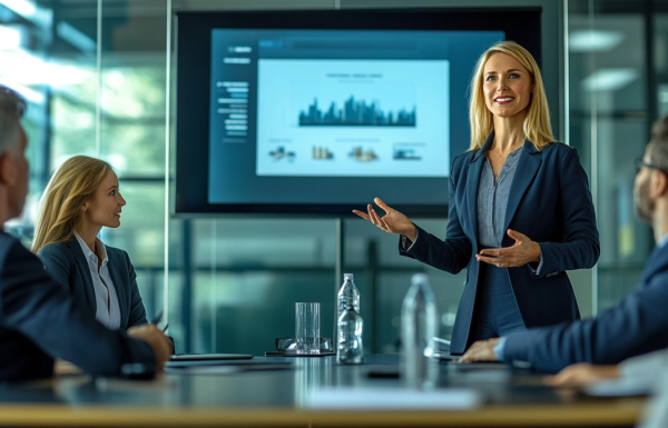 Senior executive presenting pilot results to a steering committee in a polished boardroom, confident and authoritative, editorial photography style