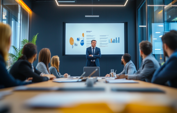 Executive navigating political dynamics during high-stakes corporate committee presentation with stakeholders around a boardroom table