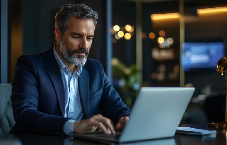 Executive composing strategic follow-up email on laptop after boardroom Q&A session, focused expression, modern office with presentation materials visible in background