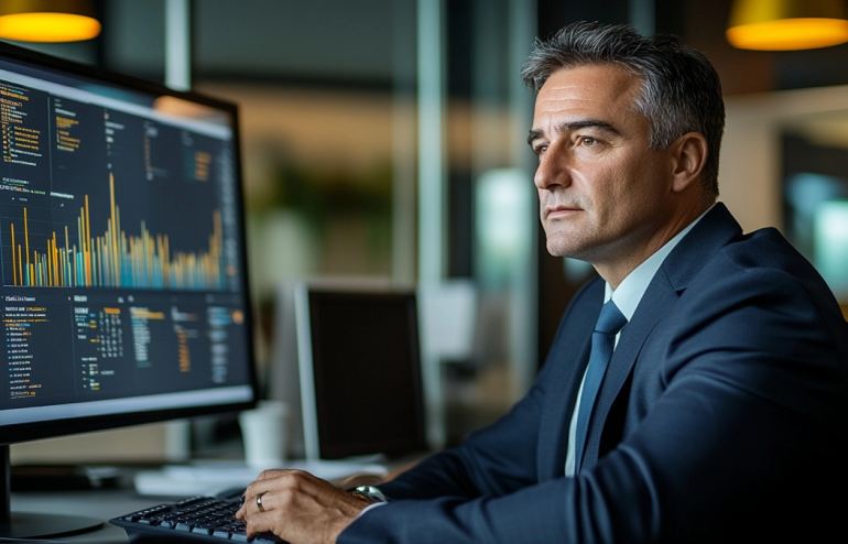 Male executive reviewing structured executive presentation deck on large monitor, analytical expression, navy and gold corporate environment