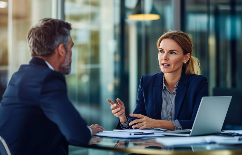 Professional executive having a one-to-one pre-meeting conversation with a colleague in a modern glass office, navy and gold corporate aesthetic, high-stakes approval setting
