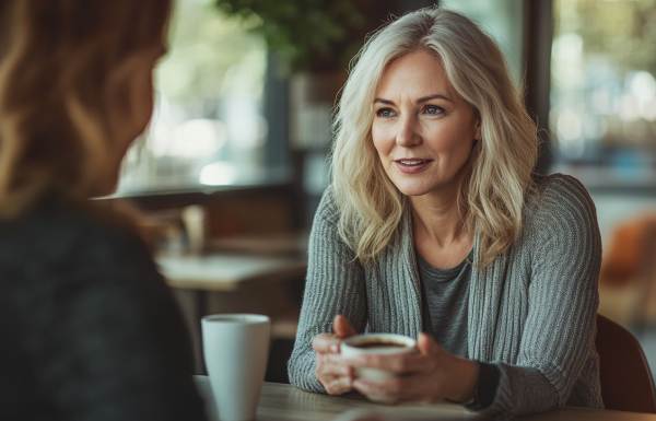 Professional woman in enrollment conversation during coffee meeting, actively engaging with colleague about stakeholder buy-in