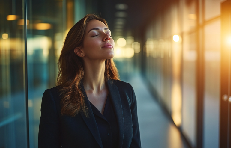 Professional executive in a quiet corridor performing a focused pre-presentation ritual before entering a boardroom, navy and gold corporate aesthetic