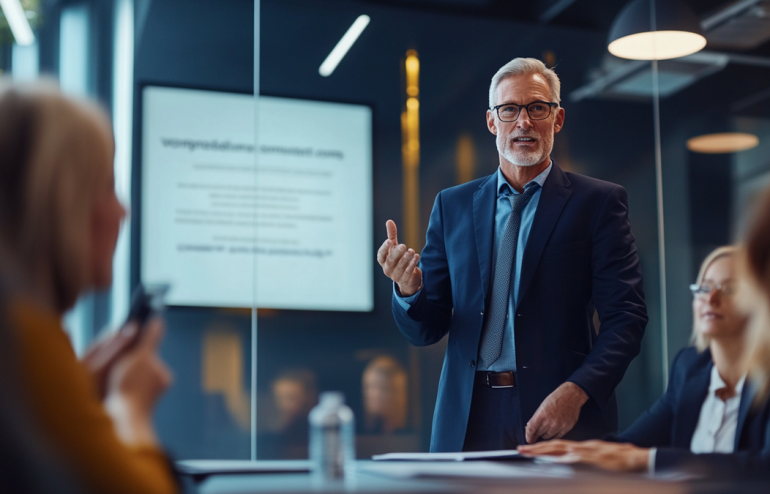 Confident executive presenting with a prepared slide that anticipates the audience's objections before they can be raised, modern boardroom, navy and gold corporate aesthetic