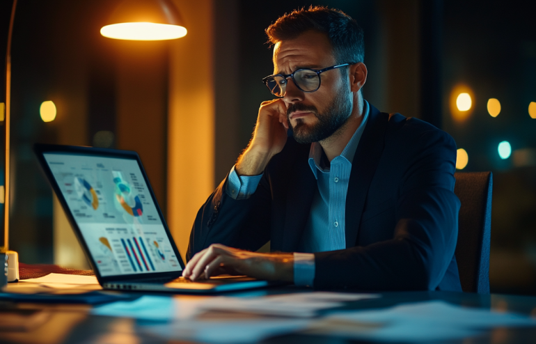 Executive at a desk late at night surrounded by printed slides adding yet more content to an already overloaded presentation, navy and gold corporate aesthetic
