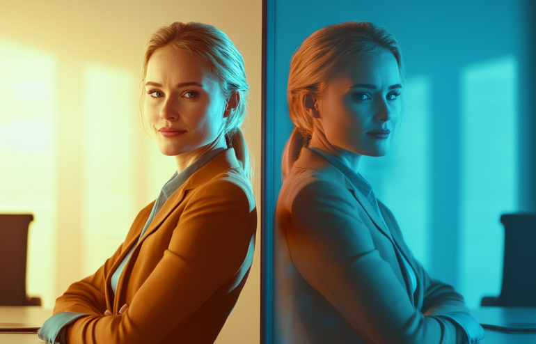 Abstract representation of anxiety returning to an experienced presenter showing contrast between confidence and doubt