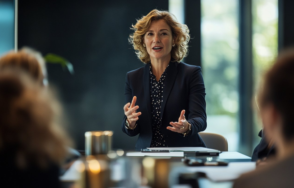Businesswoman in a navy blazer speaks to a team around a conference table, gesturing with her hands while presenting.