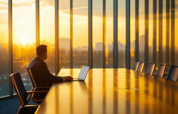 Exhausted executive sitting alone in an empty boardroom after a presentation, showing the weight of chronic presentation fatigue