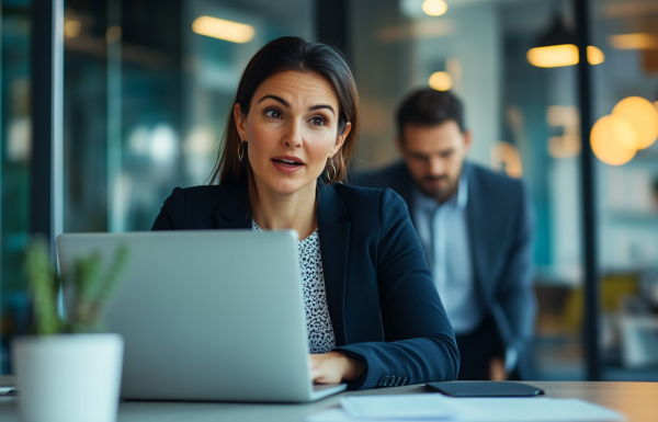 Professional woman having moment of realization at boardroom table while reviewing presentation on laptop
