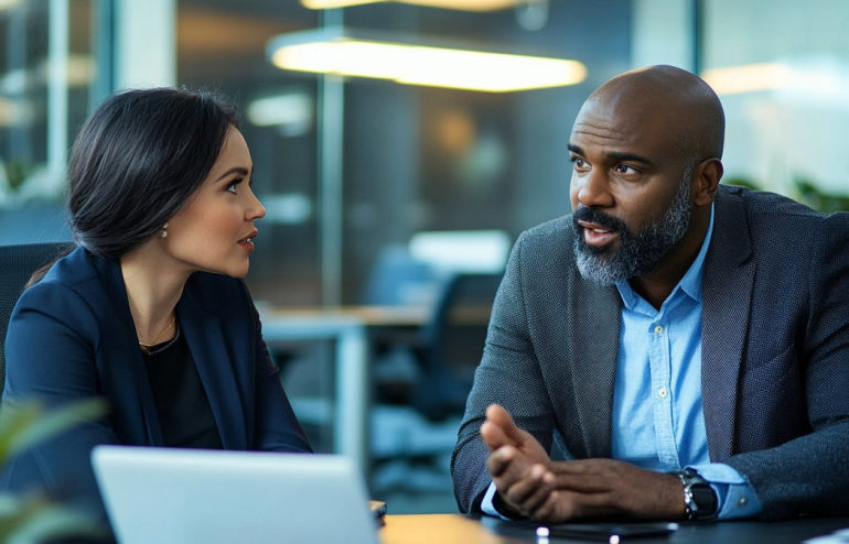 Two executives in private one-on-one meeting discussing presentation champion strategy and stakeholder buy-in