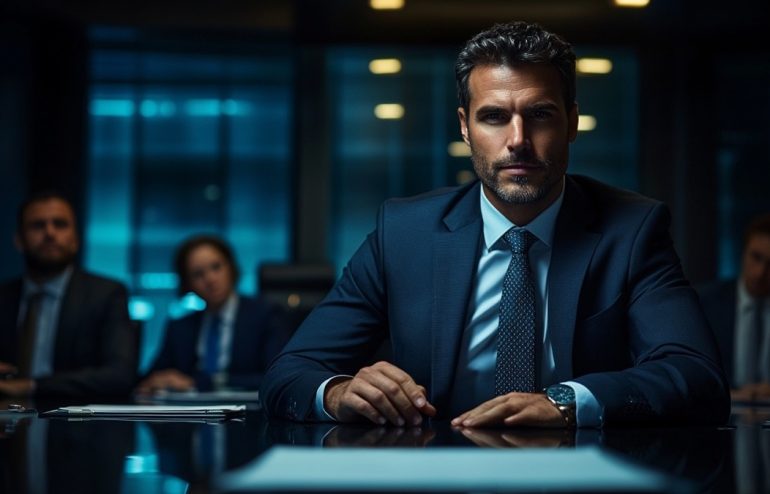 Male CFO at the closing moment of a board presentation — composed, authoritative expression, board members visible in background, executive boardroom with navy and gold tones, editorial photography style