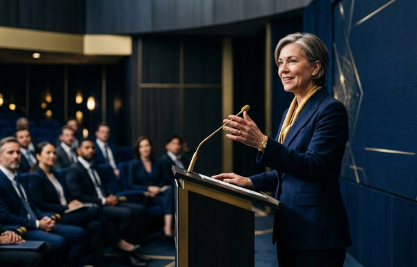 A professional woman in a navy suit speaks at a podium with a microphone to an audience in a conference room.