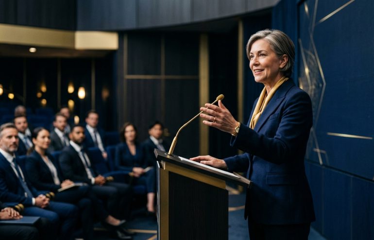 A professional woman in a navy suit speaks at a podium with a microphone to an audience in a conference room.