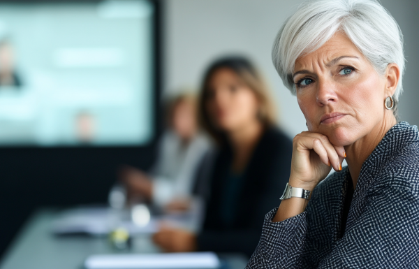 Senior executive looking bored during generic presentation training course that doesn't match her level