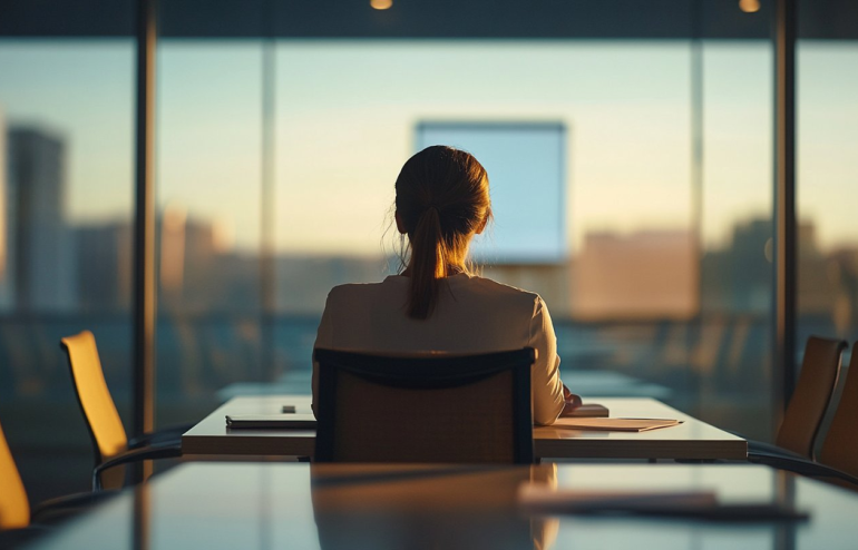 Professional woman sitting alone at a conference table after a meeting writing notes in a notebook with empty chairs around her and the last presentation slide still visible on screen in golden late afternoon light