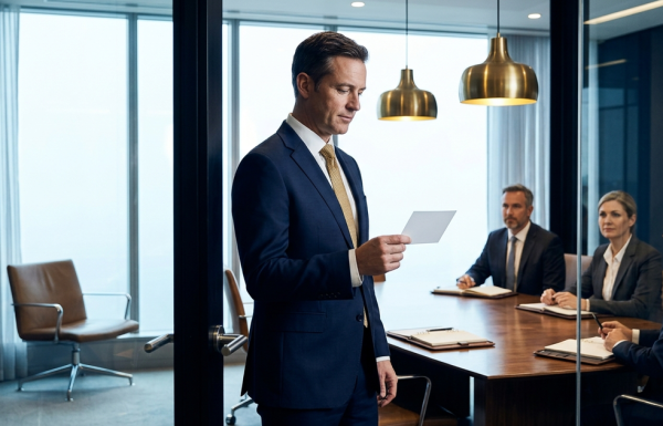Senior executive standing in a boardroom moments before a presentation, glancing at a one-page reference card, navy and gold editorial photography, audience visible in background