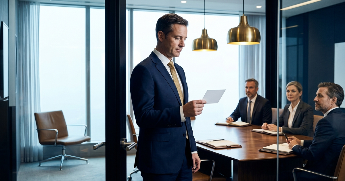Senior executive standing in a boardroom moments before a presentation, glancing at a one-page reference card, navy and gold editorial photography, audience visible in background