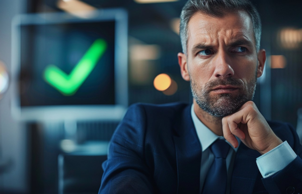 Executive looking frustrated after presentation with green checkmark on screen behind him — vague praise instead of actionable feedback