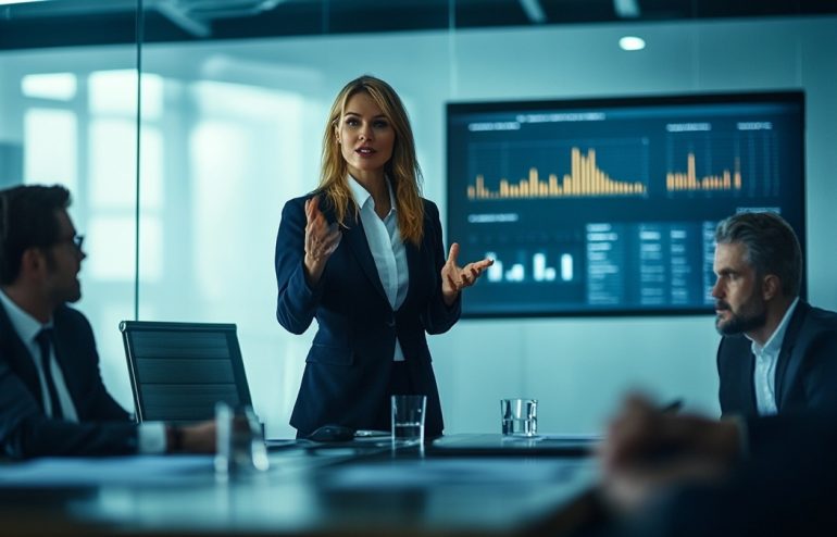 Female executive Director presenting to the leadership team — deliberate, grounded gesture visible, open palm facing audience, corporate boardroom, authoritative confident posture, editorial photography style