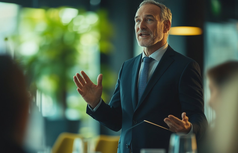 A middle-aged man in a dark suit and blue tie giving a presentation, gesturing with open hands in a conference room with blurred attendees in the foreground