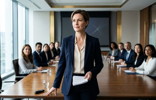 A composed senior executive woman in a navy blazer standing at the head of a polished boardroom table moments before a high-stakes presentation, with a calm focused expression and her audience seated either side of the table.